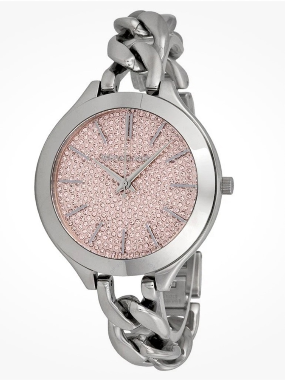 Michael Kors Runway Silver Tone Pink Crystals Pave Dial Chain Watch MK3357